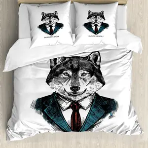 Пододеяльник ABAKUHAUS Волк, деловой зверек в костюме, с защитой от клещей, подходит для аллергиков, с наволочками, 200 см x 200 см - 80 x 80 см, бирюзовый, ярко-черный Abakuhaus