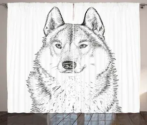 Штора ABAKUHAUS в черно-белом деревенском стиле, деревянная фигурка волка, универсальная тесьма для гостиной с петлями и крючками, 280 x 225 см, белая с черным Abakuhaus