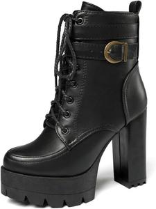 Женские ботильоны на платформе, боевые ботинки с застежкой вокруг щиколотки для женщин, с круглым носком, ремешком с пряжкой, шнуровкой, зимние байкерские ботинки, мотоциклетные сапоги Generic, Black 40