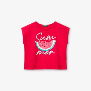 Футболка Benetton с вышивкой пайетками, фуксия