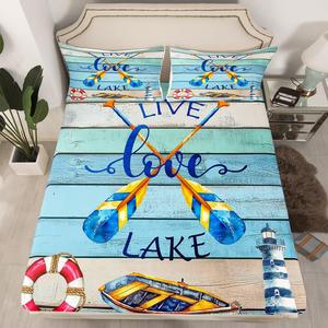 Erosebridal Комплект постельного белья Paddles Lake House в морском стиле с принтом маяка и деревянных досок в сине-зеленых тонах, Multi 17