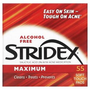 Stridex, Одношаговое средство от угрей, максимальная сила, без спирта, 55 мягких салфеток
