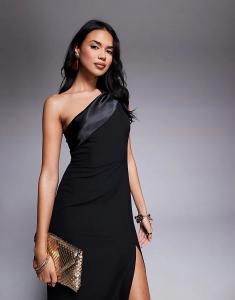 Атласное контрастное макси-платье на одно плечо черного цвета Vesper