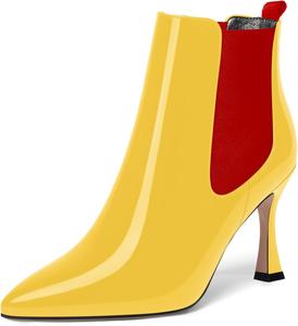 Женские лакированные ботильоны SKYSTERRY на высоком каблуке-столбике 3,3 дюйма, с острым носком для вечеринки, на молнии, Red Yellow