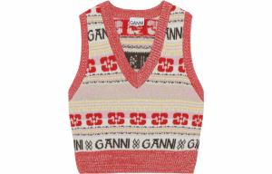 Вязаный жилет с интарсией и логотипом GANNI, розовый