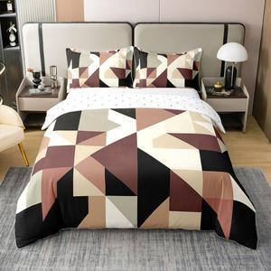 Erosebridal Хлопковый комплект постельного белья Brown Black Beige, геометрический треугольный принт, 3D абстрактный рисунок, стиль середины века, Brown Black Beige