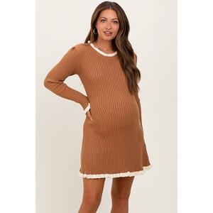 Мини-Платье для беременных из ребристой вязки с контрастной оборкой Pinkblush, Camel
