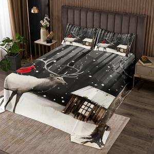 Erosebridal Комплект постельного белья с новогодним принтом красных кардиналов и оленей в стиле кантри, Black Grey