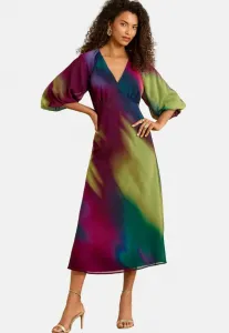 Платье-Миди прямого кроя с принтом, v-образным вырезом и пышными рукавами. Love & Roses, Multi Ombre
