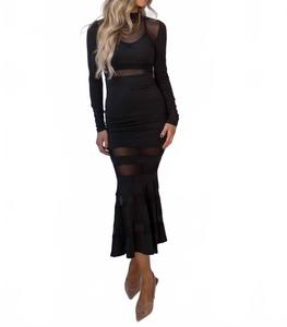 Брук Лонг Сливе Мермейд Макси Платье в черном цвете MABLE