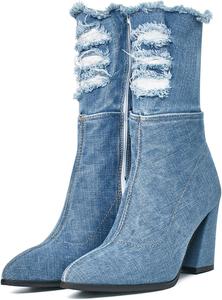 Женские джинсовые ботильоны SHEMEE с массивным каблуком, заостренным носком и широким каблуком, Light Blue Short