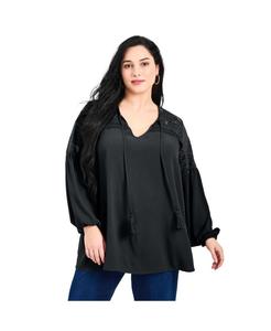 Женская блузка большого размера Marcie с кружевной кокеткой и длинными рукавами AVENUE, Black