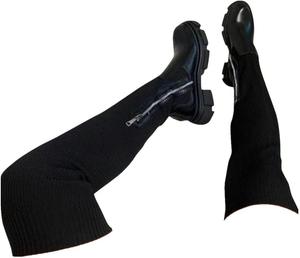 Женские сапоги выше колена, сапоги для женщин выше колена, высокие ботфорты на платформе с массивным каблуком, длинные сапоги из стрейчевого замша, модные сапоги, сексуальные осенние вязаные кожаные слипоны, зимняя высокая обувь Generic, A-Black