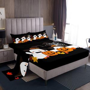 Erosebridal Комплект постельного белья Happy Halloween с мультяшными привидениями и тыквами из мягкого материала, White Black
