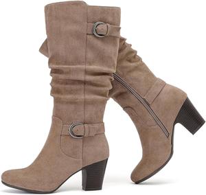 Женские свободные сапоги до колена с массивным каблуком, заостренным носком, удобные и модные осенне-зимние сапоги для женщин. Ruiee, Beige Mf 301