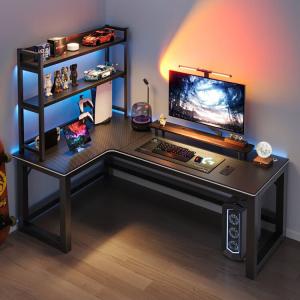 Игровой компьютерный стол Naijia с полкой, угловой левый 160x120 см + стеллаж 110 см, карбон
