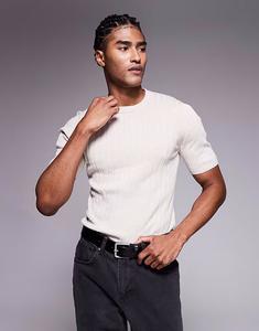 Легкая трикотажная футболка Muscle Fit в рубчик цвета песочного камня Asos Design