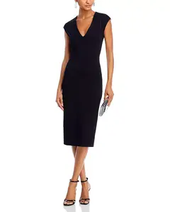 Платье-Миди с V-образным вырезом и короткими рукавами из трикотажа понте - эксклюзивное. Aqua, черный