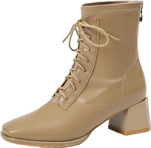 Женские ботинки на шнуровке с застежкой сзади из искусственной кожи, модные боевые ботинки с квадратным носком, удобным массивным каблуком, меховой подкладкой и высокой голенью EGGDK, Khaki