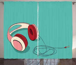 Шторы ABAKUHAUS в стиле инди-рустик, с розовыми наушниками в стиле ретро, универсальные ленточные шторы для гостиной с петлями и крючками, 280 x 225 см, бирюзовый, светло-розовый, рубиновый Abakuhaus