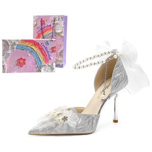 [Glaze Starlight] Жемчужный бант, Свадебные туфли на каблуке с кристаллами, Женские Crelinkxlat, [Коробка для картин маслом] Серебристые 8 см