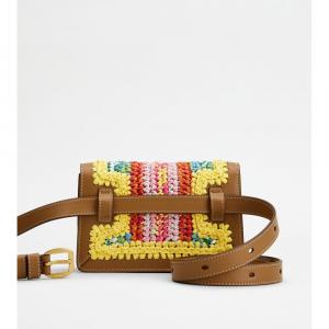 Поясная сумка T Timeless из кожи и рафии Micro с металлическим плечевым ремнем TOD's, мультиколор