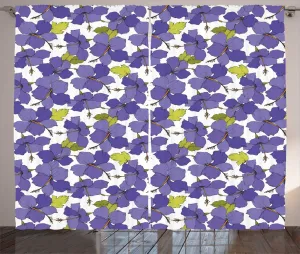 Штора ABAKUHAUS Exotic Rustic, с цветком гибискуса фиолетового оттенка, универсальная ленточная штора для гостиной с петлями и крючками, 280 x 225 см, цвет: сине-фиолетовый, оливково-зеленый Abakuhaus