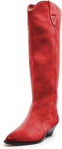 Женские сапоги FYS с острым носком до колена, на массивном невысоком каблуке, с широким голенищем, ковбойские повседневные ботинки, размеры 4-16 US, Red