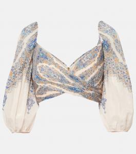 Укороченный топ с рукавами-буфами и узором пейсли Zimmermann, Blue Paisley
