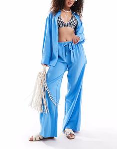 Пляжные брюки Isabel из льняного кроя с завязкой на талии, синие, ASOS DESIGN