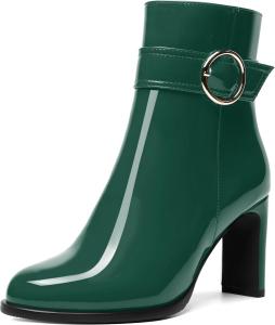 Женские ботинки MERRORI на молнии из лакированной кожи, с круглым носком, высокой платформой и каблуком 3,3 дюйма для путешествий, Dark Green