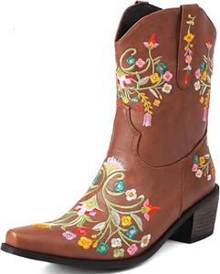 Женские ботильоны с заостренным носком, вышивкой цветов, винтажные западные ковбойские ботинки, повседневная обувь для женщин Generic, Brown