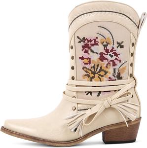 Женские вышитые вестерн-казачьи ботильоны Sexytag с цветочной строчкой, заклепками, винтажные ковбойские ботинки с кисточкой на ремешке, низкий каблук, короткие ботильоны для родео и фестивалей, White