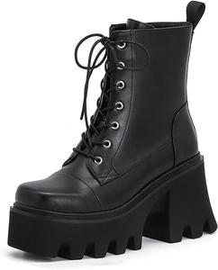 Женские кожаные ботильоны DXSYMJM на платформе с круглым закрытым носком, массивным каблуком и шнуровкой до щиколотки, Black
