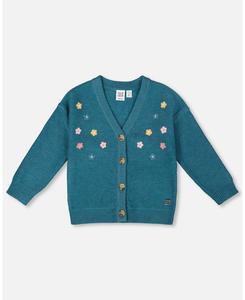 Вязаный кардиган для девочки, темно-зеленый, с цветочной вышивкой - детский Deux par Deux, Dark green