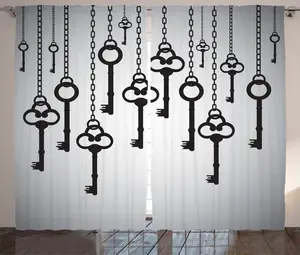 Штора ABAKUHAUS "Серо-черная в деревенском стиле", "Тень старых ключей", универсальная тесьма для гостиной с петлями и крючками, 280 x 245 см, цвет "бледно-серо-черный" Abakuhaus