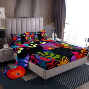 Erosebridal Комплект постельного белья Floral Boho Black Cat с цветочным этническим принтом и мультяшными котятами из хлопка, Multi 25