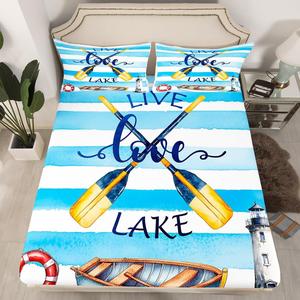 Erosebridal Комплект постельного белья Nautical с морским принтом в голубую полоску и мультяшными лодками, Multi 12