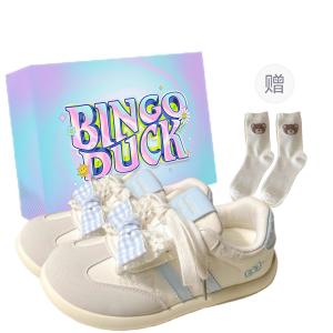 BINGO DUCK Женские скейтерские кроссовки бежево-голубые с эксклюзивной коробкой и носками в подарок, цвет Beige Blue+Exclusive Shoe Box+Gift Socks