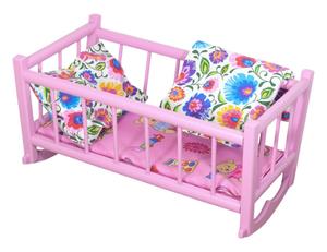 РЕТРО КОЛЯНКА, деревянная, розовая кроватка для кукол, постельное белье с узором Лович PEEWIT