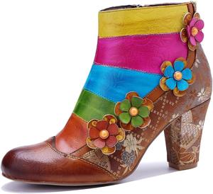 Женские винтажные ботильоны с радужным цветочным рисунком, ручная работа, многоцветный дизайн, тисненный узор с цветами, массивный каблук, ботильоны с молнией LITNERMIA, Yly80813 Brown