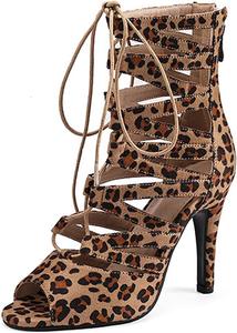 Женские ботильоны SWDZM с открытым носком, на шнуровке, для танцев, латинская и бальная обувь на высоком каблуке с подошвой для улицы, Leopard Brown