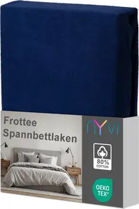 Простыня на резинке DreamScience Terry Cloth 90x200 - 100x200 см, темно-синяя, для матрасов высотой до 22 см - теплая и уютная, хорошо впитывает влагу, быстросохнущая NYVI