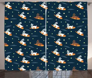 Детская штора ABAKUHAUS в деревенском стиле, Зайчик, летящий на морковке, универсальная ленточная штора для гостиной с петлями и крючками, 280 x 225 см, цвет: сине-оранжевый Abakuhaus