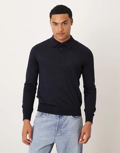 Трикотажный топ-поло из шерсти Mango с застежкой на пуговицы и длинными рукавами темно-синего цвета