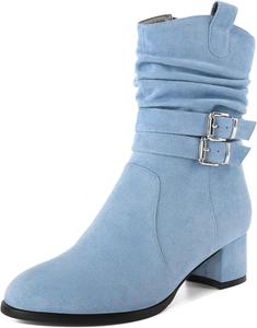 Женские ботинки YODEKS на низком каблуке с массивным каблуком, молнией, 2-дюймовым закругленным носком и пряжкой, замшевые, размер 5-13, Light Blue