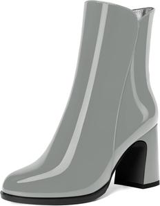 Женские ботильоны с молнией, лаковые, повседневные, круглый носок, устойчивый высокий каблук, высота голенища 3,3 дюйма DEMOSHINE, Grey