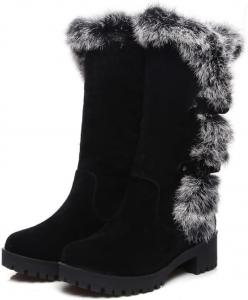 Женские замшевые зимние сапоги до середины икры с меховой подкладкой, пряжкой, платформой, круглым носком, низким устойчивым каблуком, с удобной посадкой и противоскользящей подошвой для улицы Boxpopla, Black