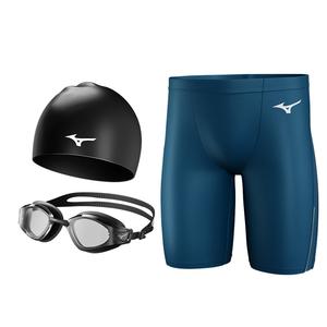 Комплект снаряжения для плавания Mizuno, Plano Three-Piece Set[Pani синий Mid-Length Swim Shorts+Swimming Cap+Swim Goggles]