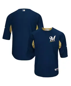 Мужская темно-синяя, золотая майка Milwaukee Brewers Authentic Collection On-Field с рукавом 3/4 для тренировок по отбиванию мяча Majestic